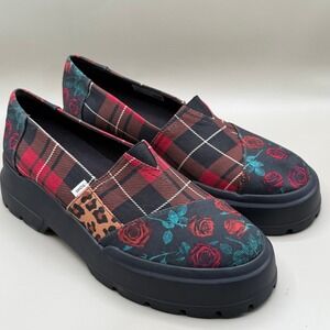 TOMS Women's Plaid Rose Leopard Platform Worn Once Christmas Slip On Shoes W 9.5